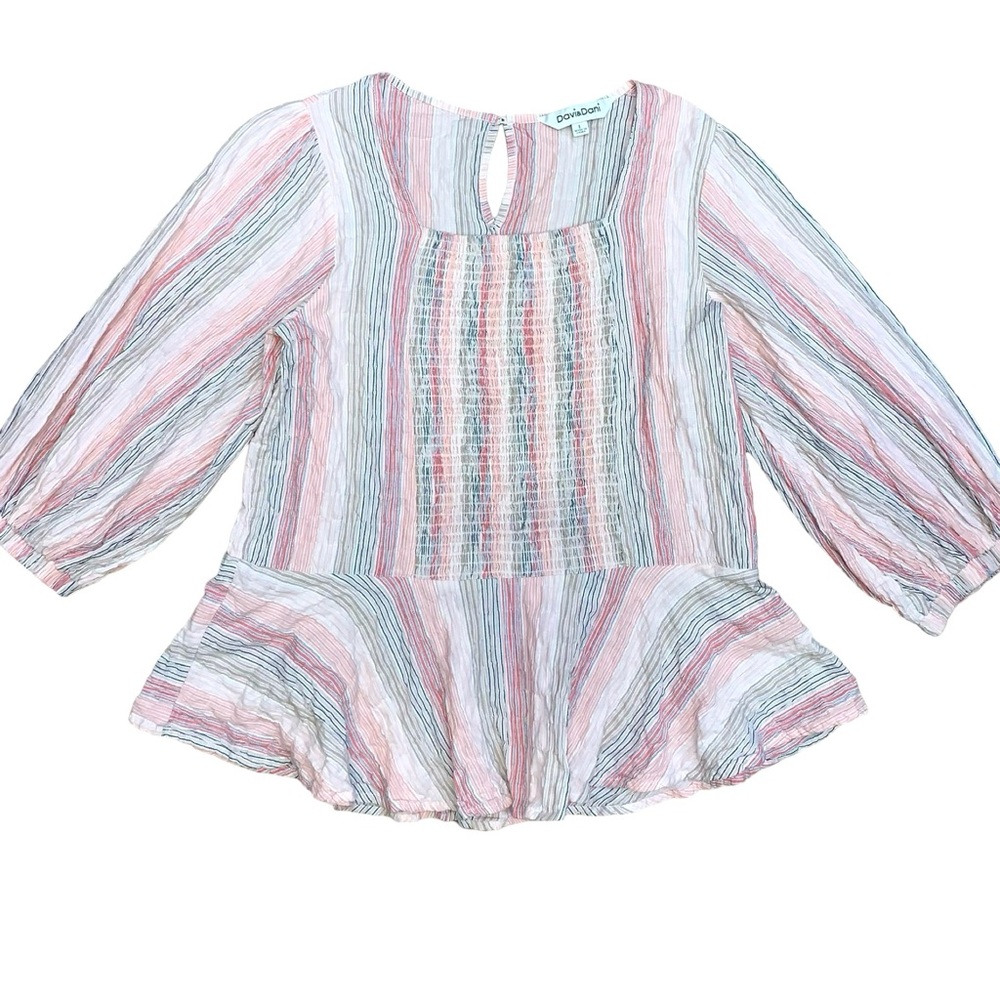 Davi & Dani Balloon Sleeve Crinkle Texture Smocked Peplum Top Striped Large